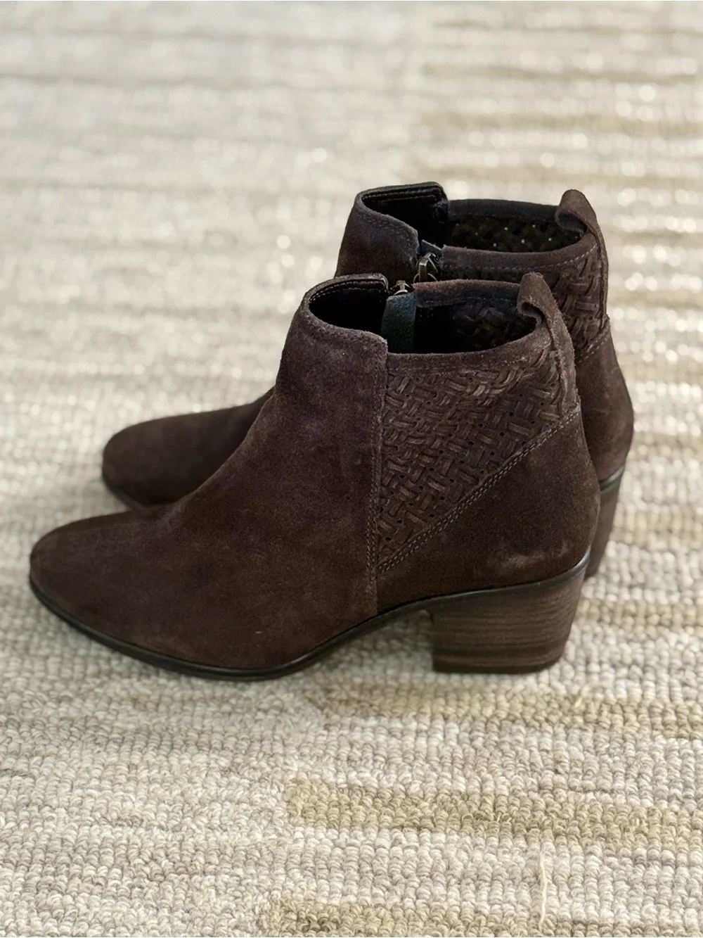 Joie Chocolate Brown Suede Ankle Booties Woven Detail Block Heel Zip Size 8.5